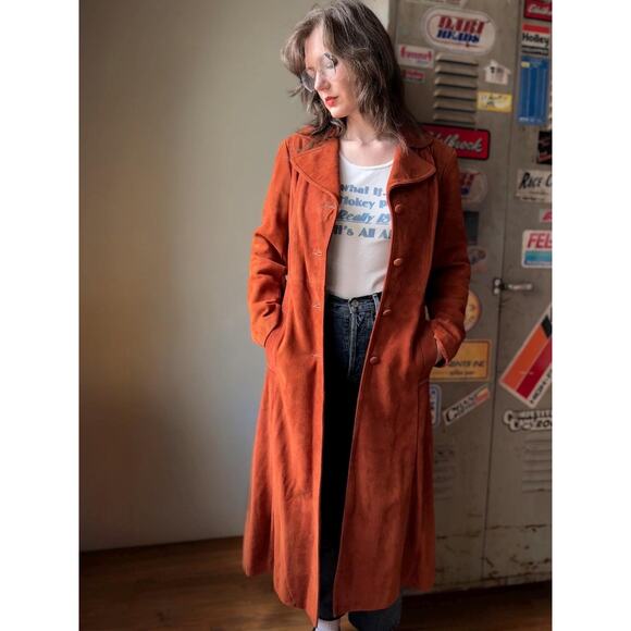 Vintage 70s Suede Trench Coat | Rust Orange Belted Maxi Jacket | Size M - Picture 8 of 13